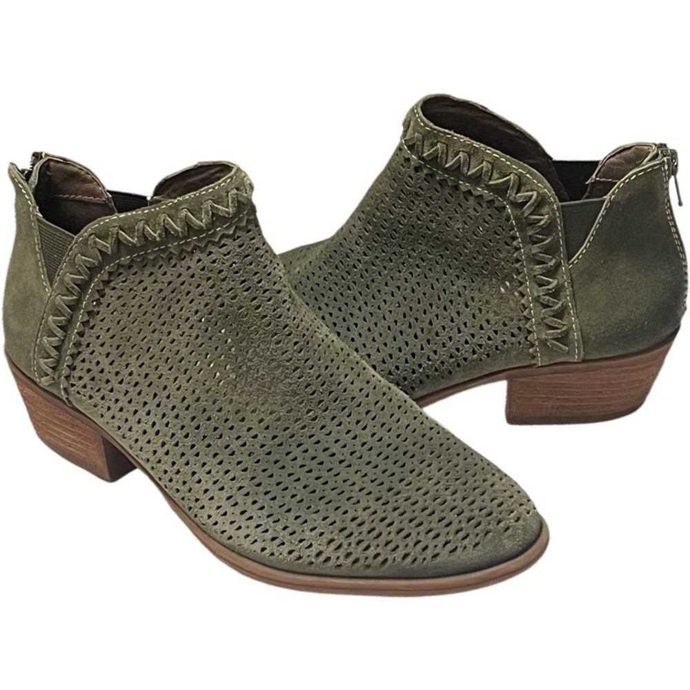 Earth Olive Green Perforated Suede Ankle Booties